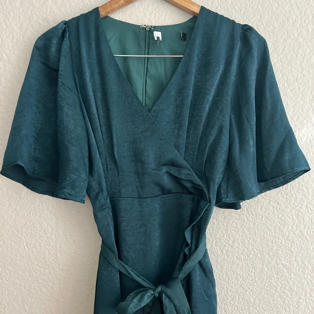 Love Dark Green Satin Faux-Wrap Midi Dress - Picture 4 of 8